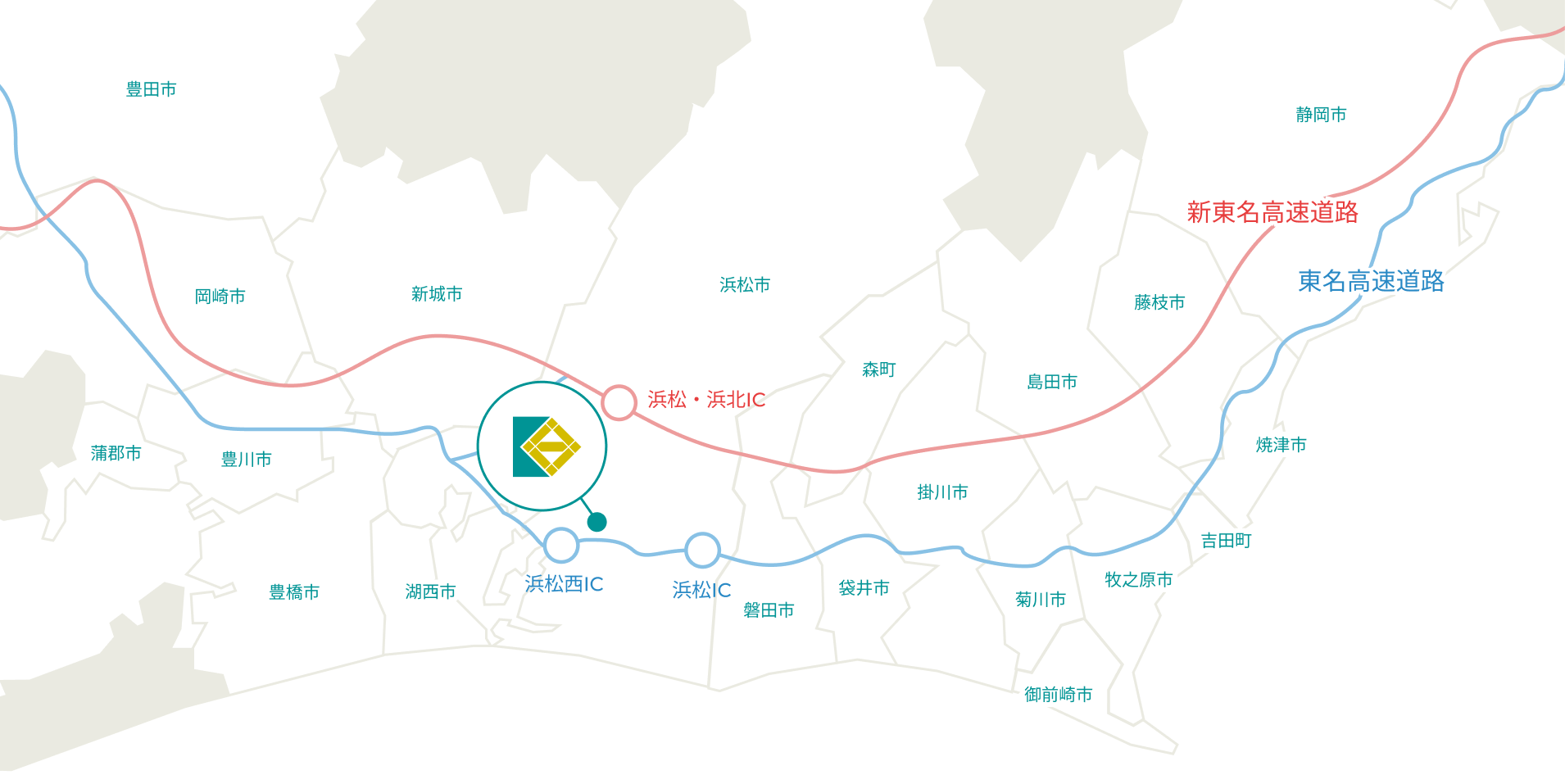 東名高速道路:浜松西IC・浜松IC、または新東名高速道路:浜松・浜北ICよりアクセス